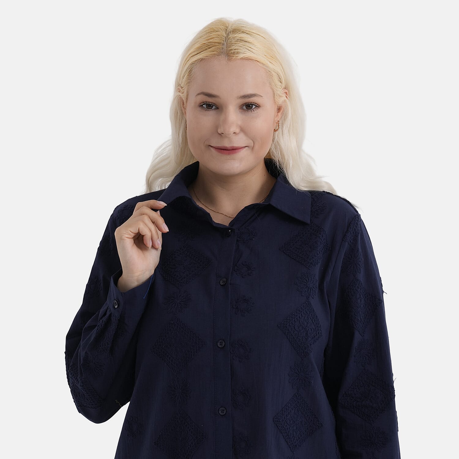 La Marey 100% Cotton Embroidered Shirt (Size 12 to 14) - Navy Blue