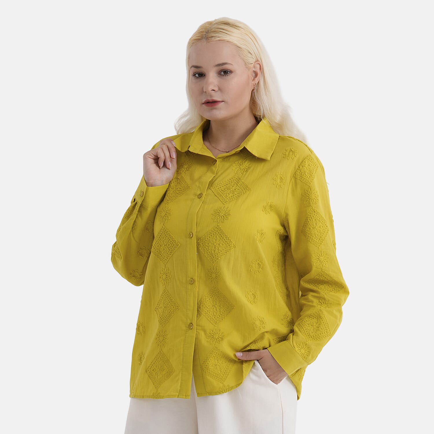 La Marey 100% Cotton Embroidered Shirt (Size 8 to 10) - Yellow
