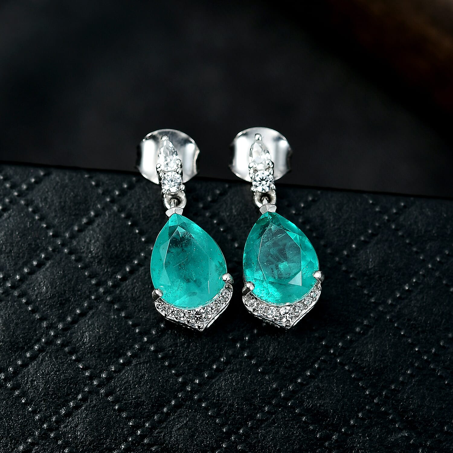 D'Joy, Emeraldine Triplet Quartz , White Zircon Dangling Earring in Platinum Overlay Sterling Silver 4.69 ct  4.690  Ct.