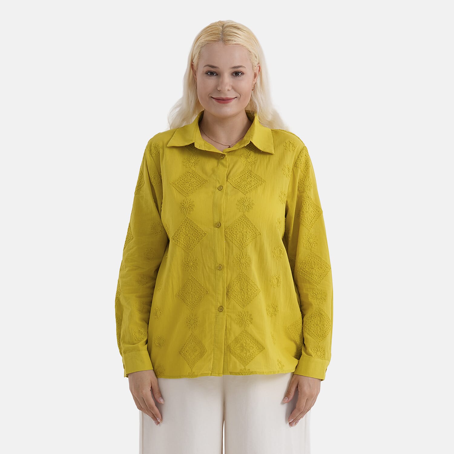 La Marey 100% Cotton Embroidered Shirt (Size 16 to 18) - Yellow