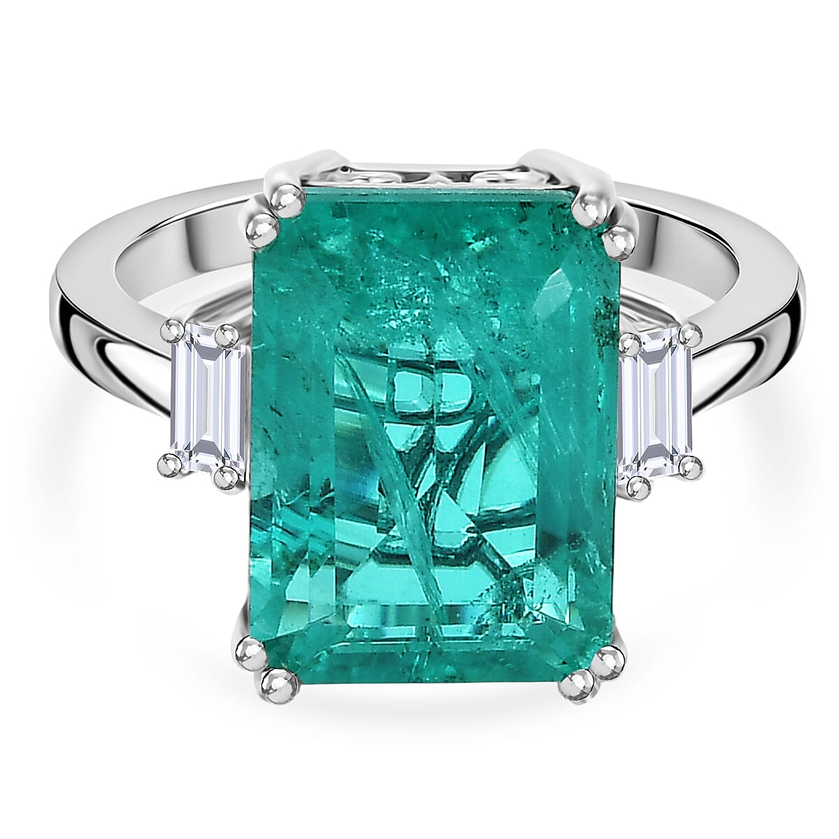 D'Joy, Emeraldine Triplet Quartz , White Topaz Main Stone With Side Stone Ring in Platinum Overlay Sterling Silver 8.33 ct  8.325  Ct.