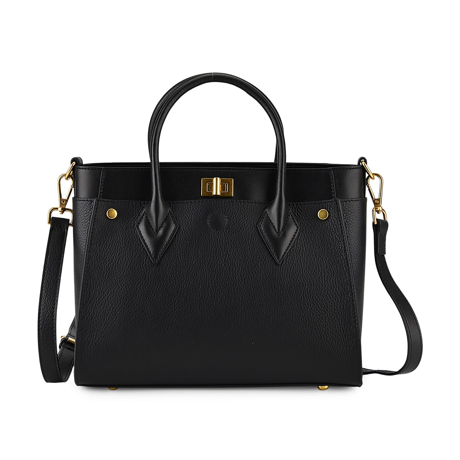 DOD- La Marey Signature Genuine Leather Structured Handbag with Crossbody Strap - Black