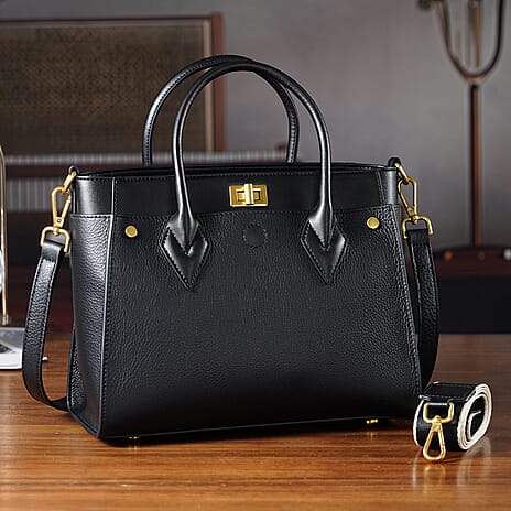 DOD- La Marey Signature Genuine Leather Structured Handbag with Crossbody Strap - Black
