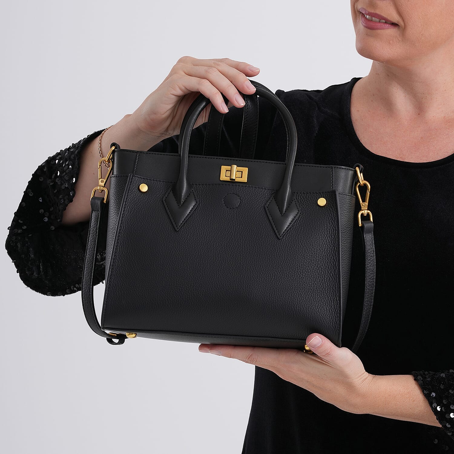 DOD- La Marey Signature Genuine Leather Structured Handbag with Crossbody Strap - Black