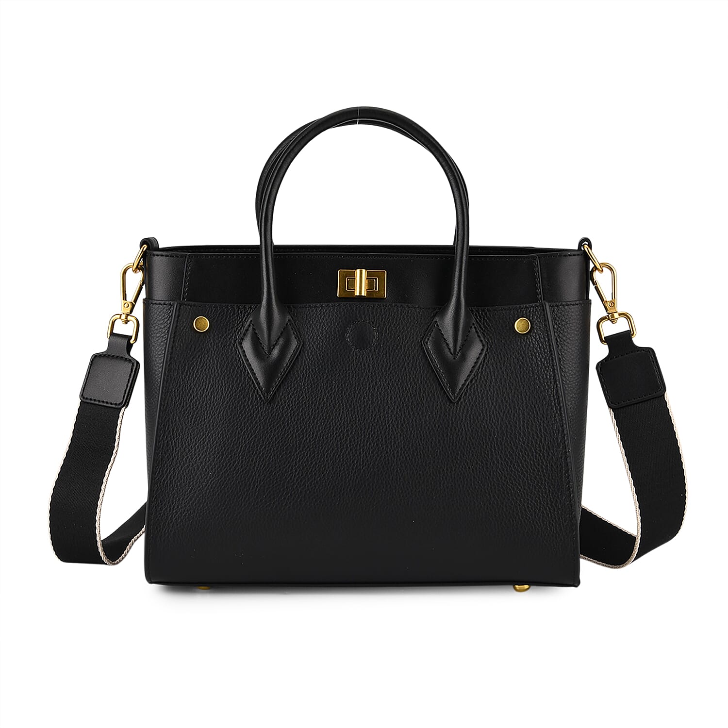 DOD- La Marey Signature Genuine Leather Structured Handbag with Crossbody Strap - Black