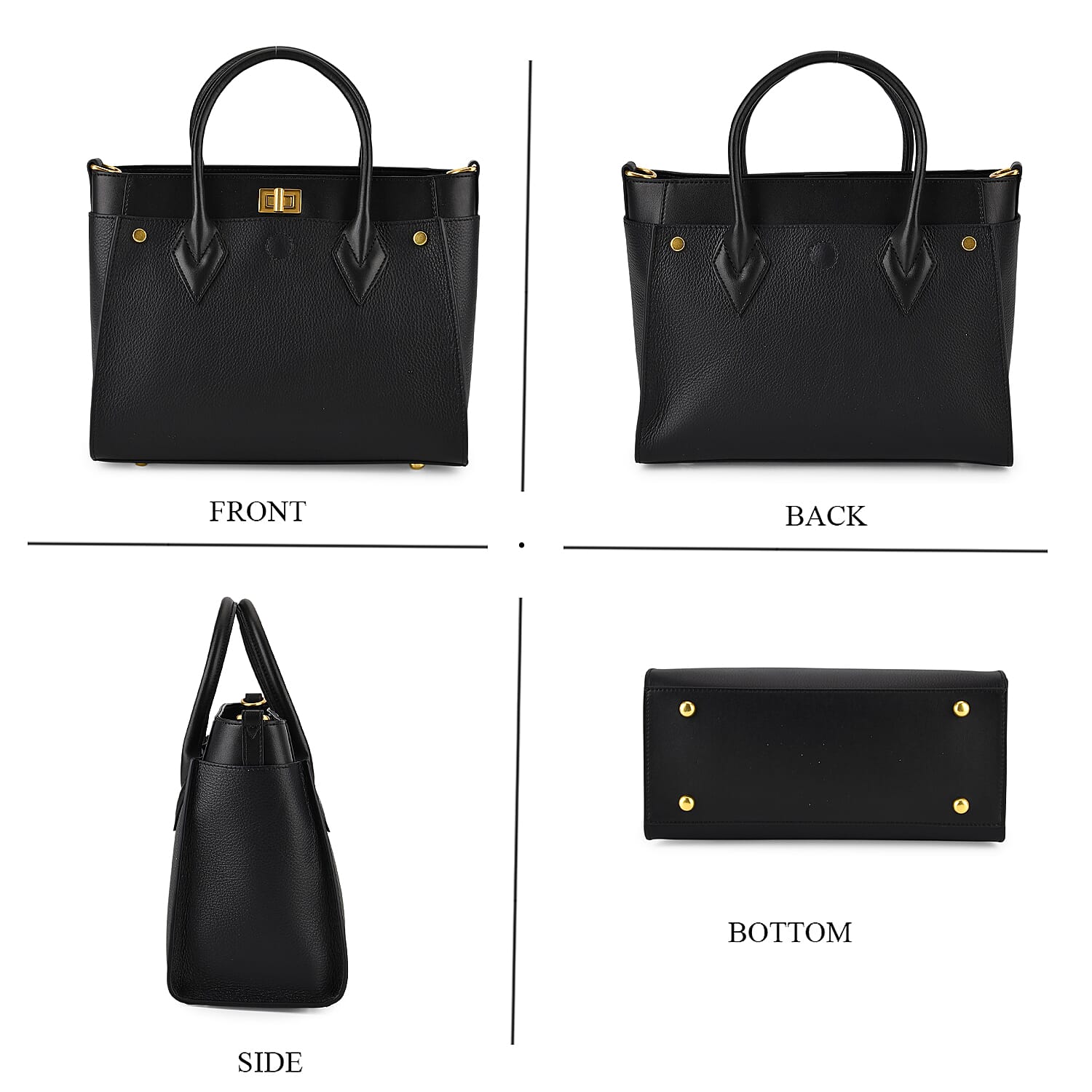 DOD- La Marey Signature Genuine Leather Structured Handbag with Crossbody Strap - Black