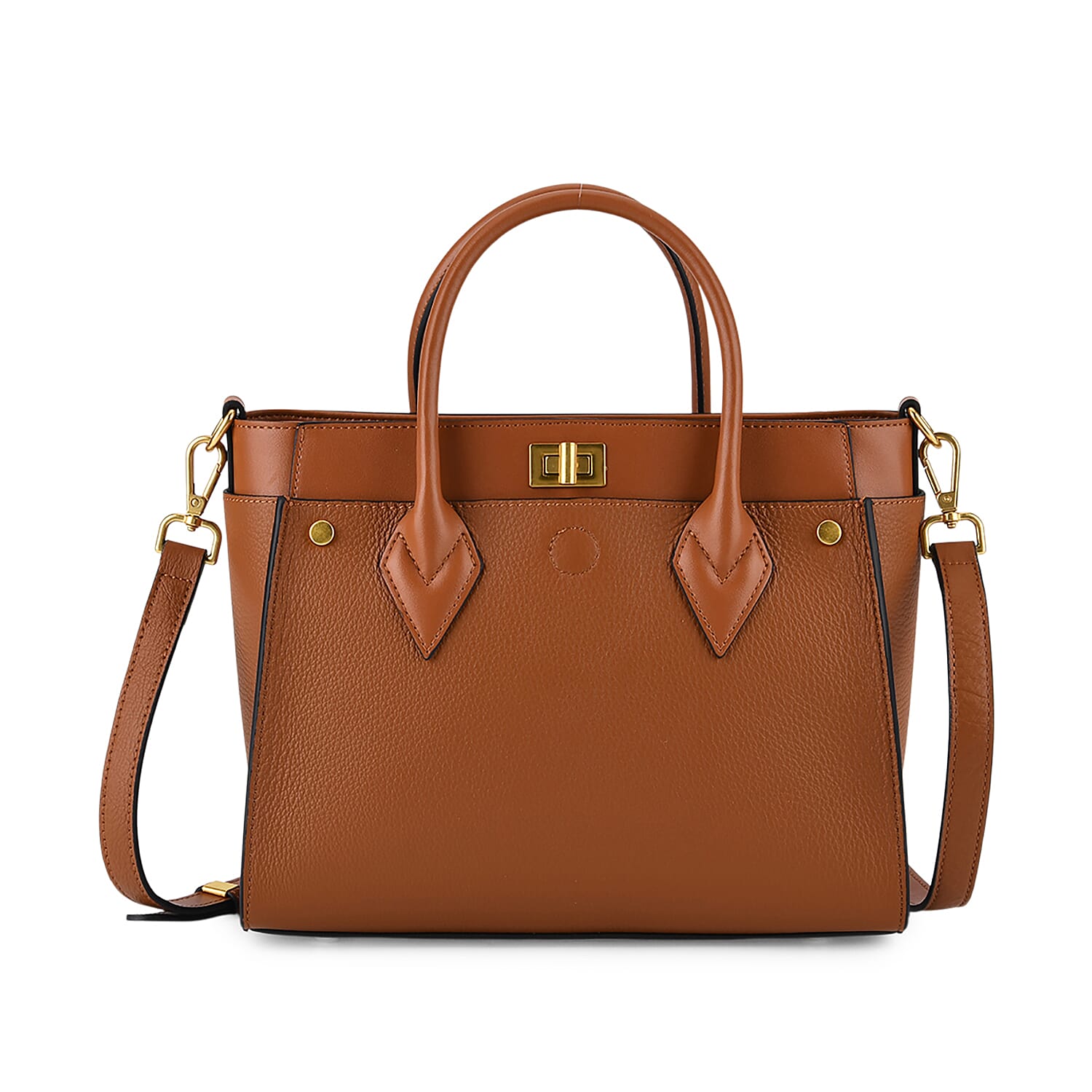 La Marey Signature Genuine Leather Structured Handbag with Crossbody Strap - Tan