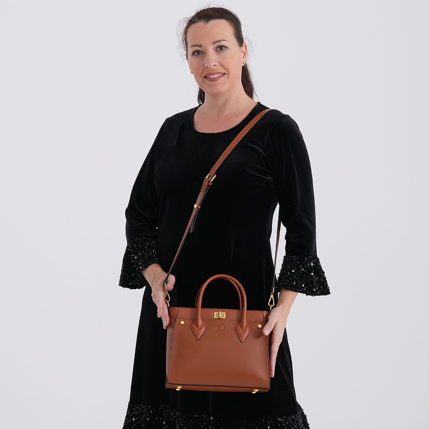 La Marey Signature Genuine Leather Structured Handbag with Crossbody Strap - Tan