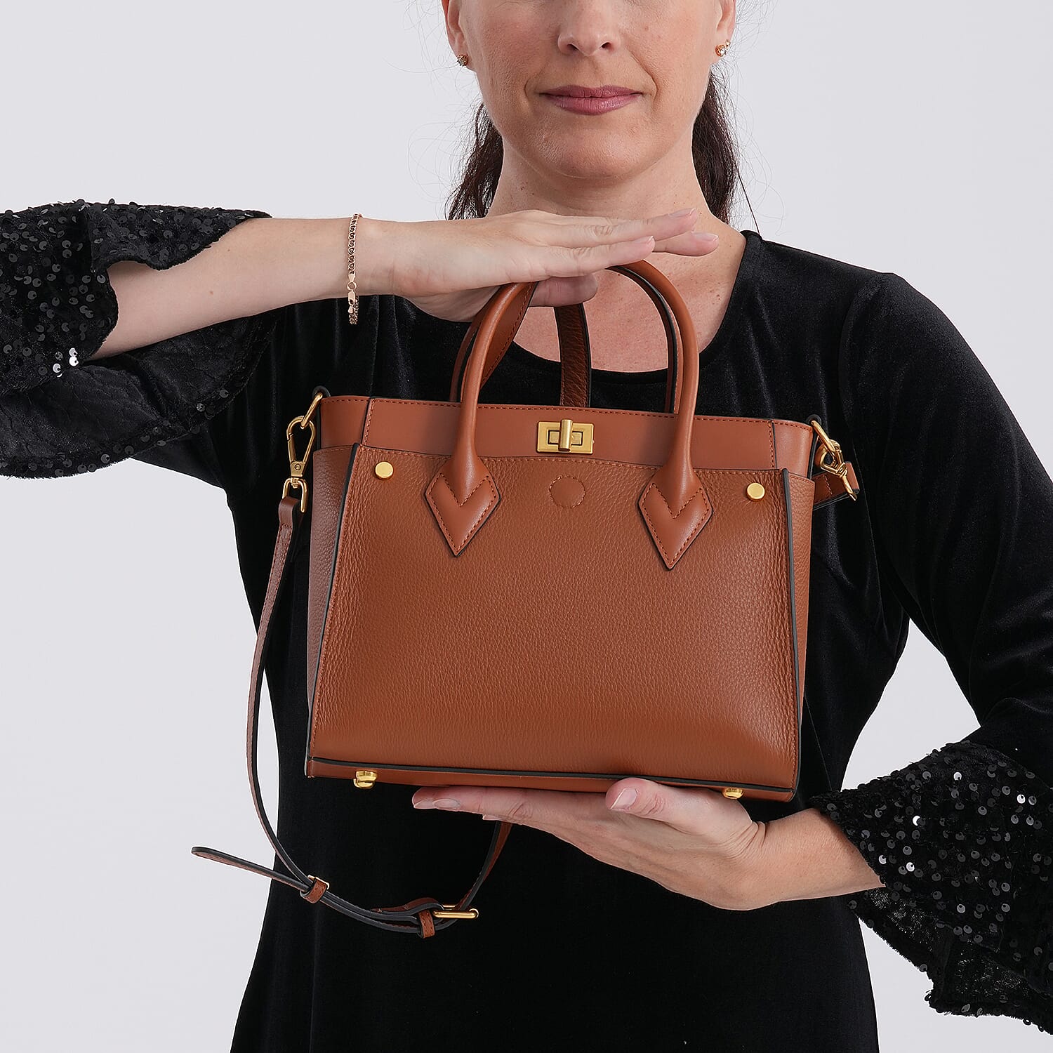 La Marey Signature Genuine Leather Structured Handbag with Crossbody Strap - Tan