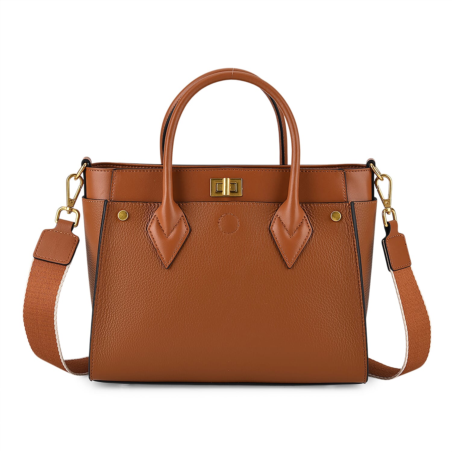 La Marey Signature Genuine Leather Structured Handbag with Crossbody Strap - Tan
