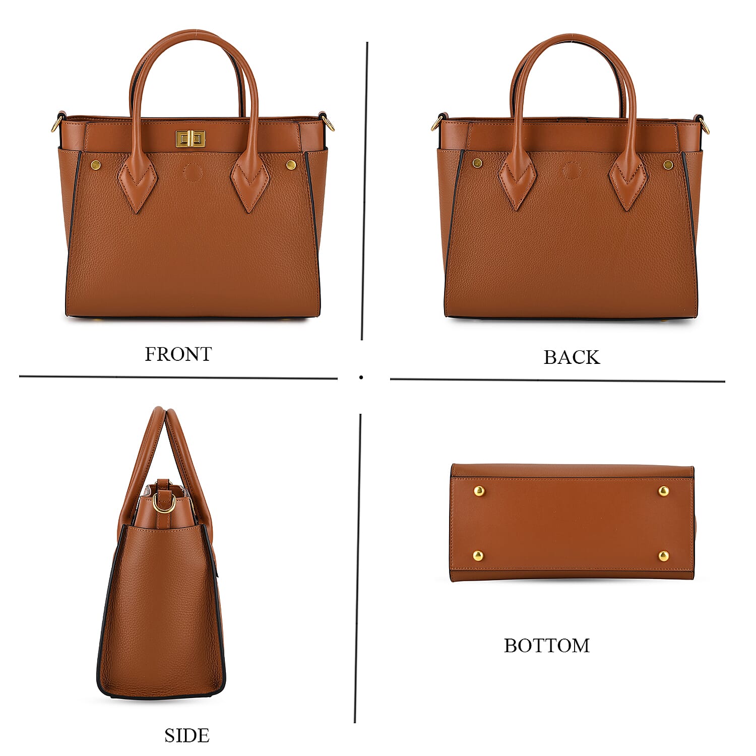 La Marey Signature Genuine Leather Structured Handbag with Crossbody Strap - Tan