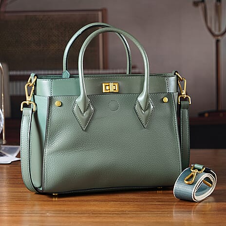 La Marey Signature Genuine Leather Structured Handbag with Crossbody Strap - Green