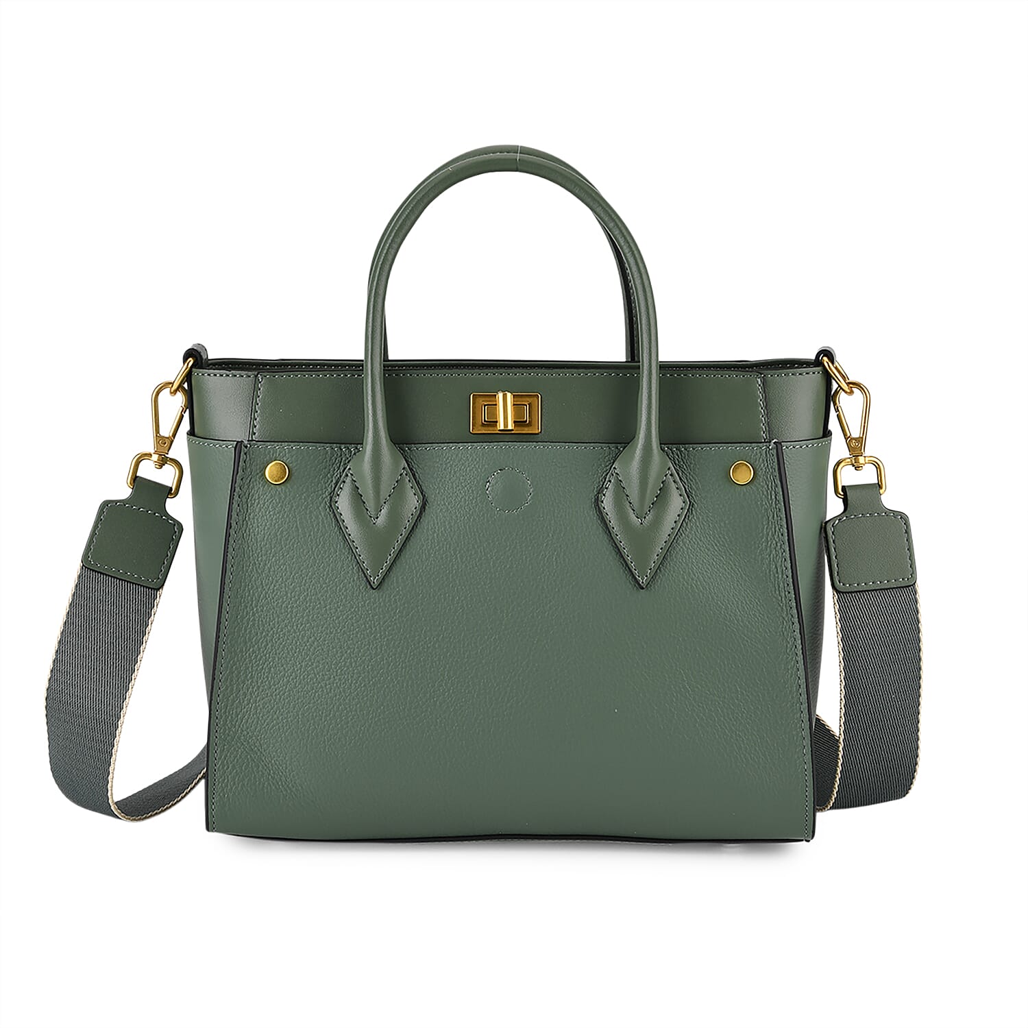 La Marey Signature Genuine Leather Structured Handbag with Crossbody Strap - Green