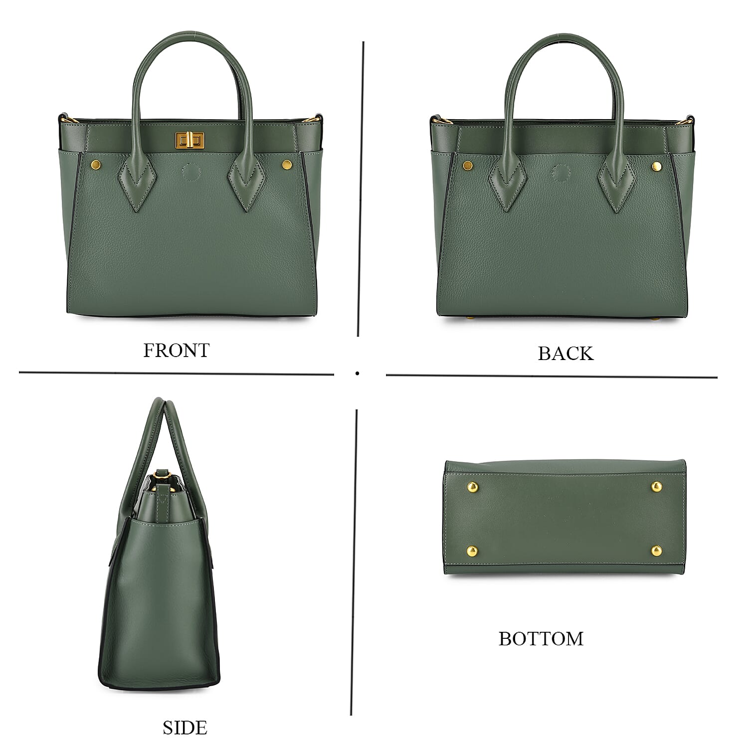 La Marey Signature Genuine Leather Structured Handbag with Crossbody Strap - Green