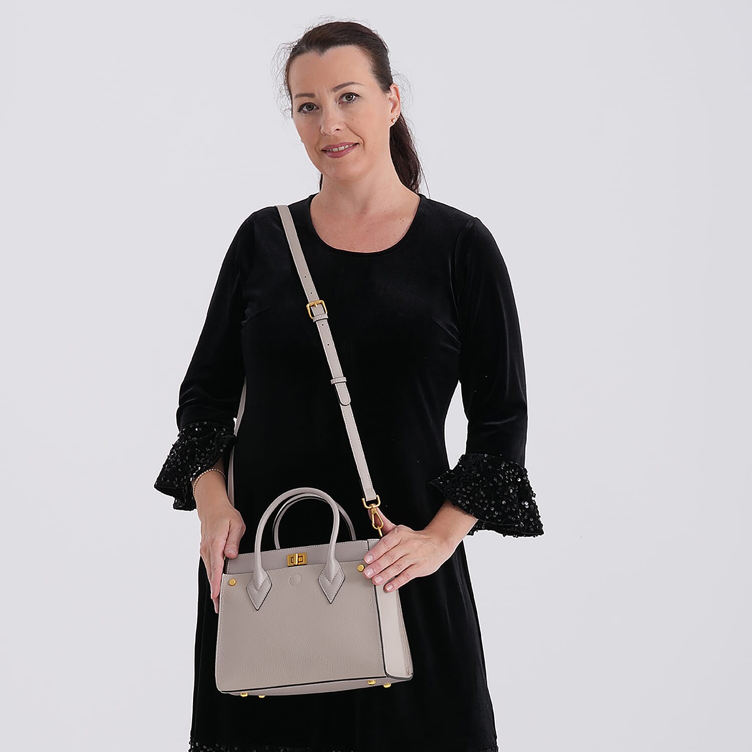 La Marey Signature Genuine Leather Structured Handbag with Crossbody Strap - Light Grey