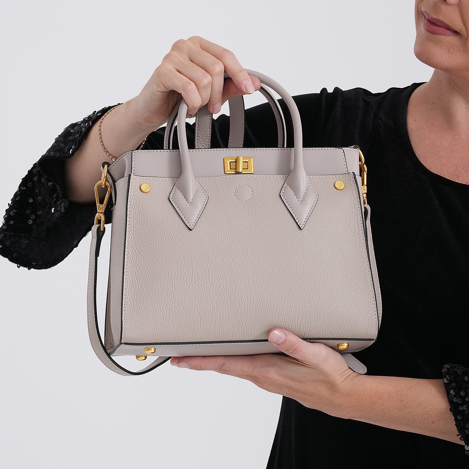 La Marey Signature Genuine Leather Structured Handbag with Crossbody Strap - Light Grey