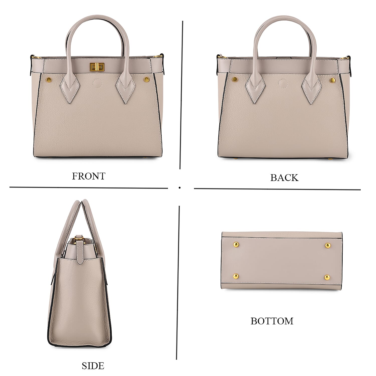 La Marey Signature Genuine Leather Structured Handbag with Crossbody Strap - Light Grey
