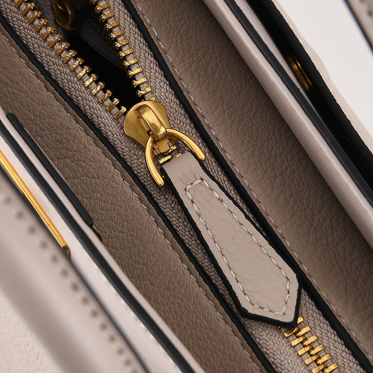 La Marey Signature Genuine Leather Structured Handbag with Crossbody Strap - Light Grey