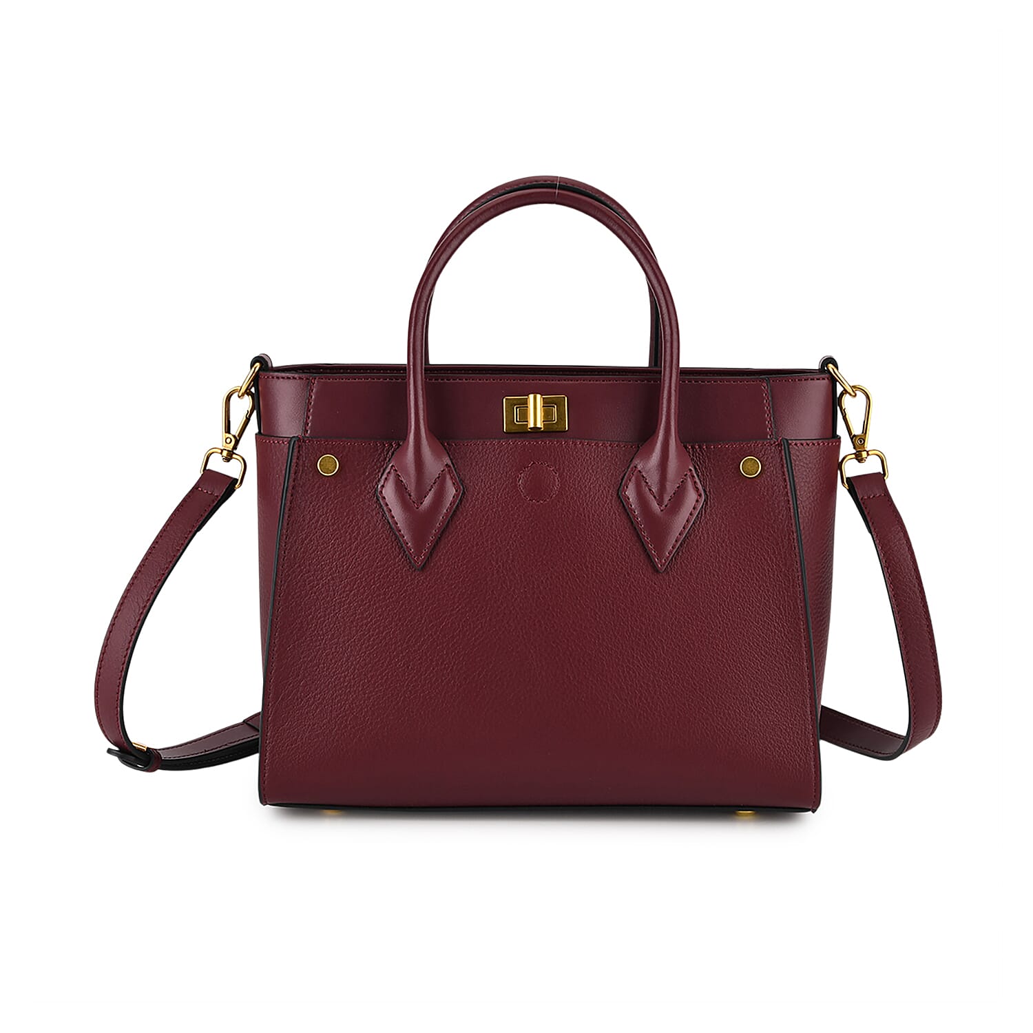 La Marey Signature Genuine Leather Structured Handbag with Crossbody Strap - Burgundy