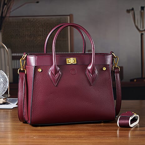 La Marey Signature Genuine Leather Structured Handbag with Crossbody Strap - Burgundy