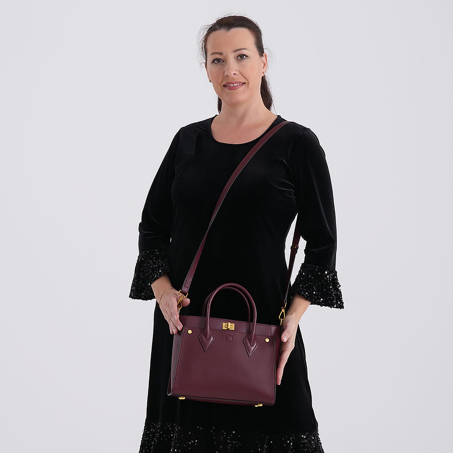 La Marey Signature Genuine Leather Structured Handbag with Crossbody Strap - Burgundy