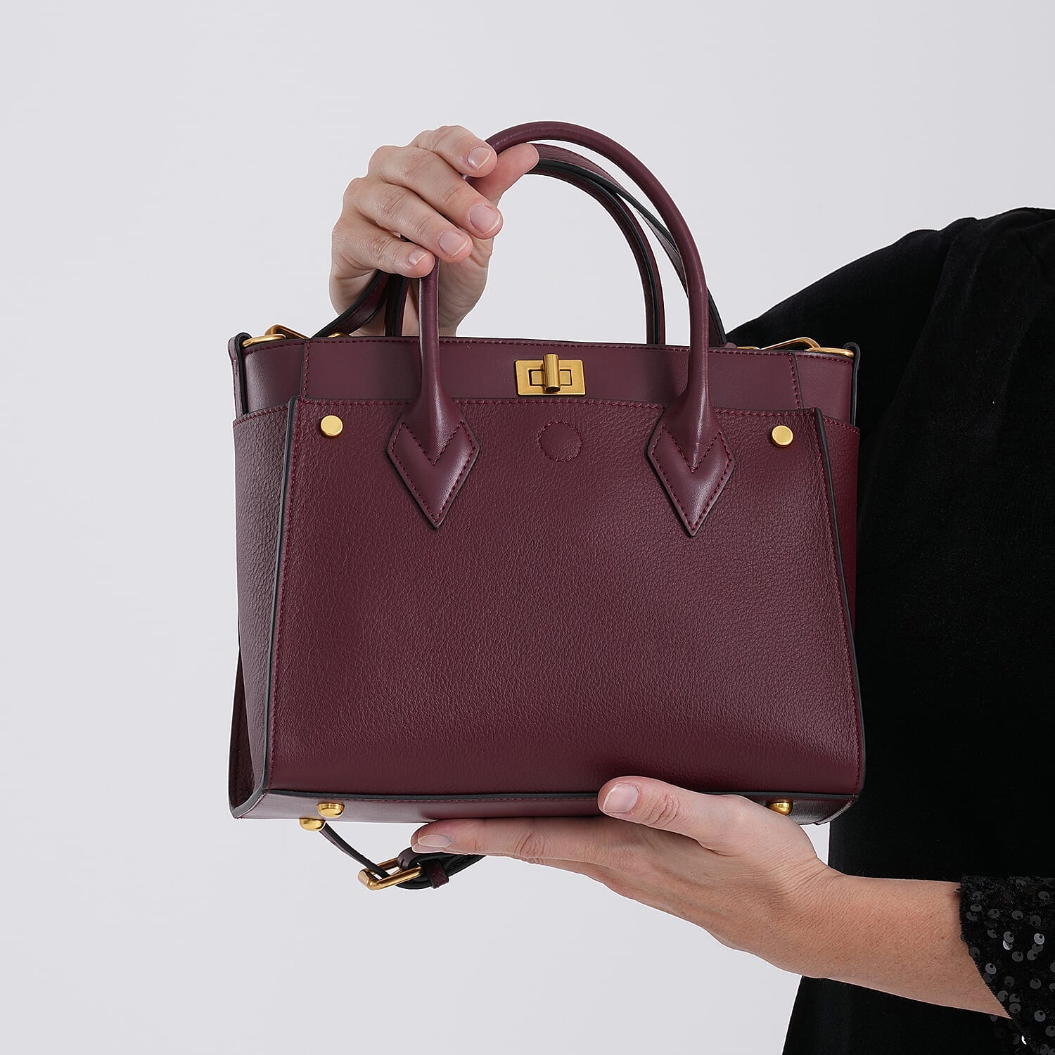 La Marey Signature Genuine Leather Structured Handbag with Crossbody Strap - Burgundy