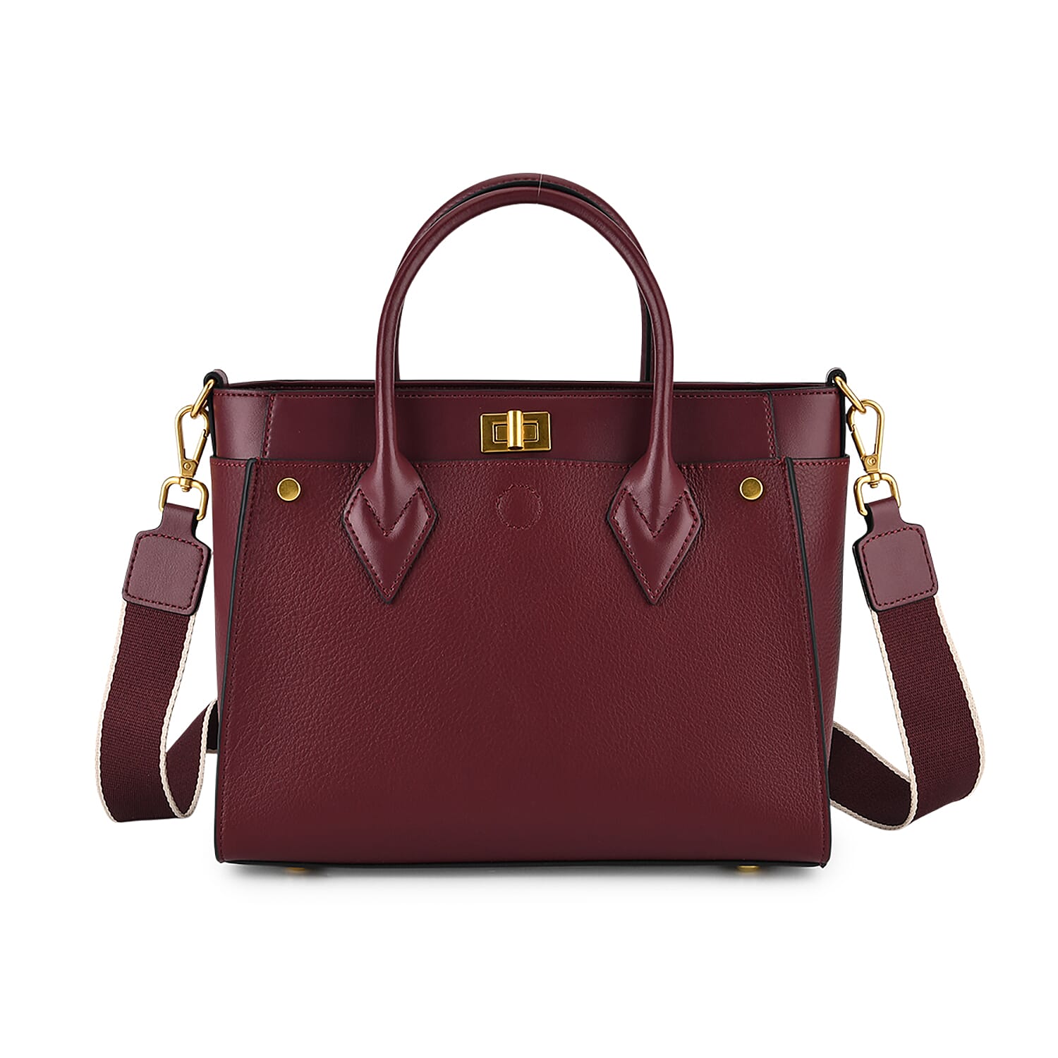 La Marey Signature Genuine Leather Structured Handbag with Crossbody Strap - Burgundy