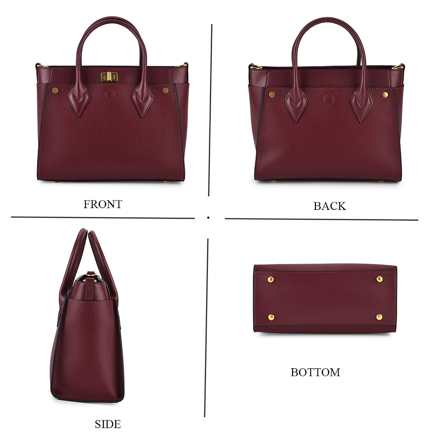 La Marey Signature Genuine Leather Structured Handbag with Crossbody Strap - Burgundy