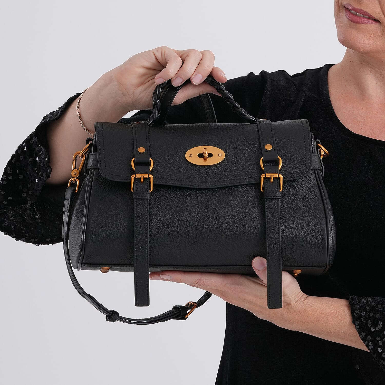 La Marey Signature Genuine Leather Satchel Bag - Black