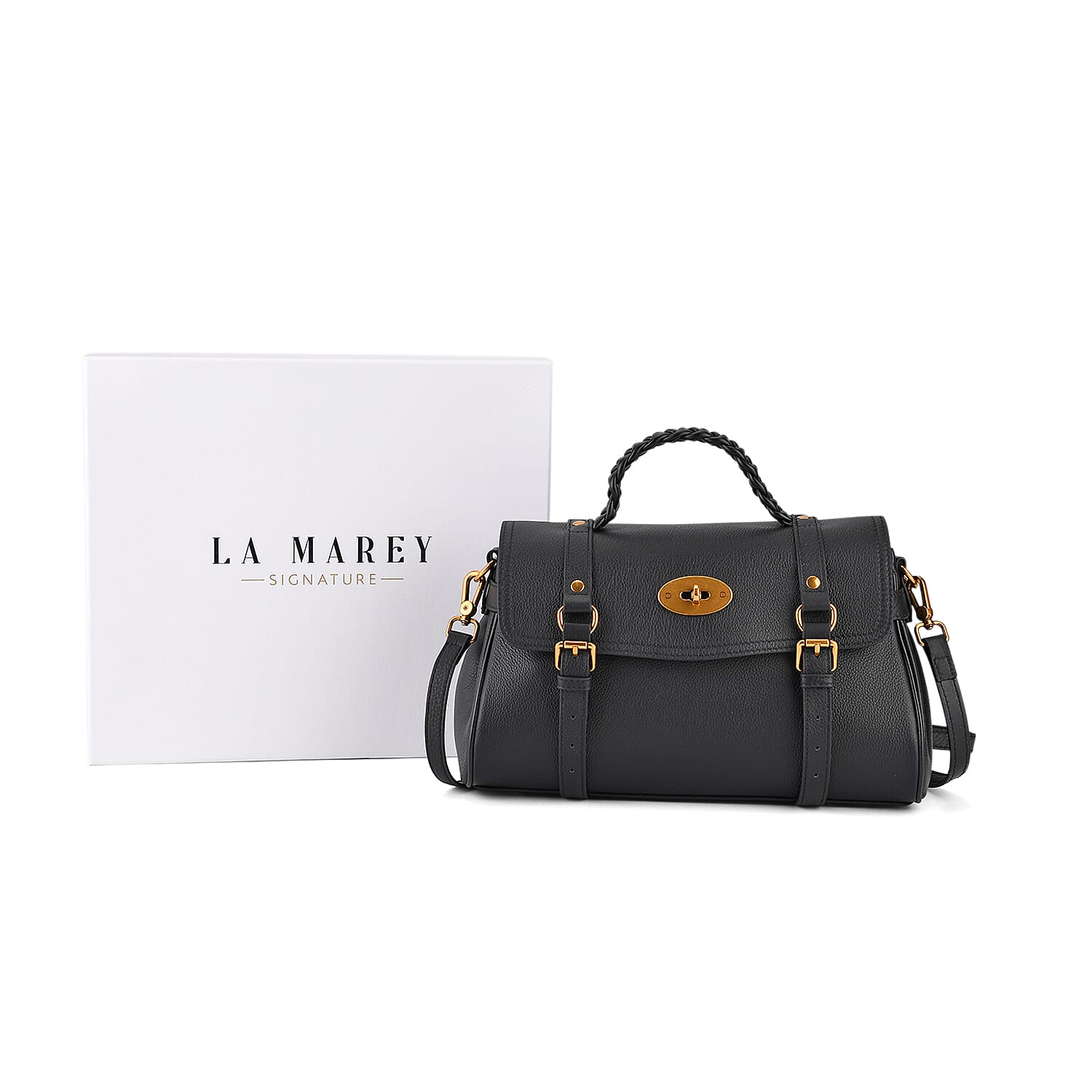 La Marey Signature Genuine Leather Satchel Bag - Black