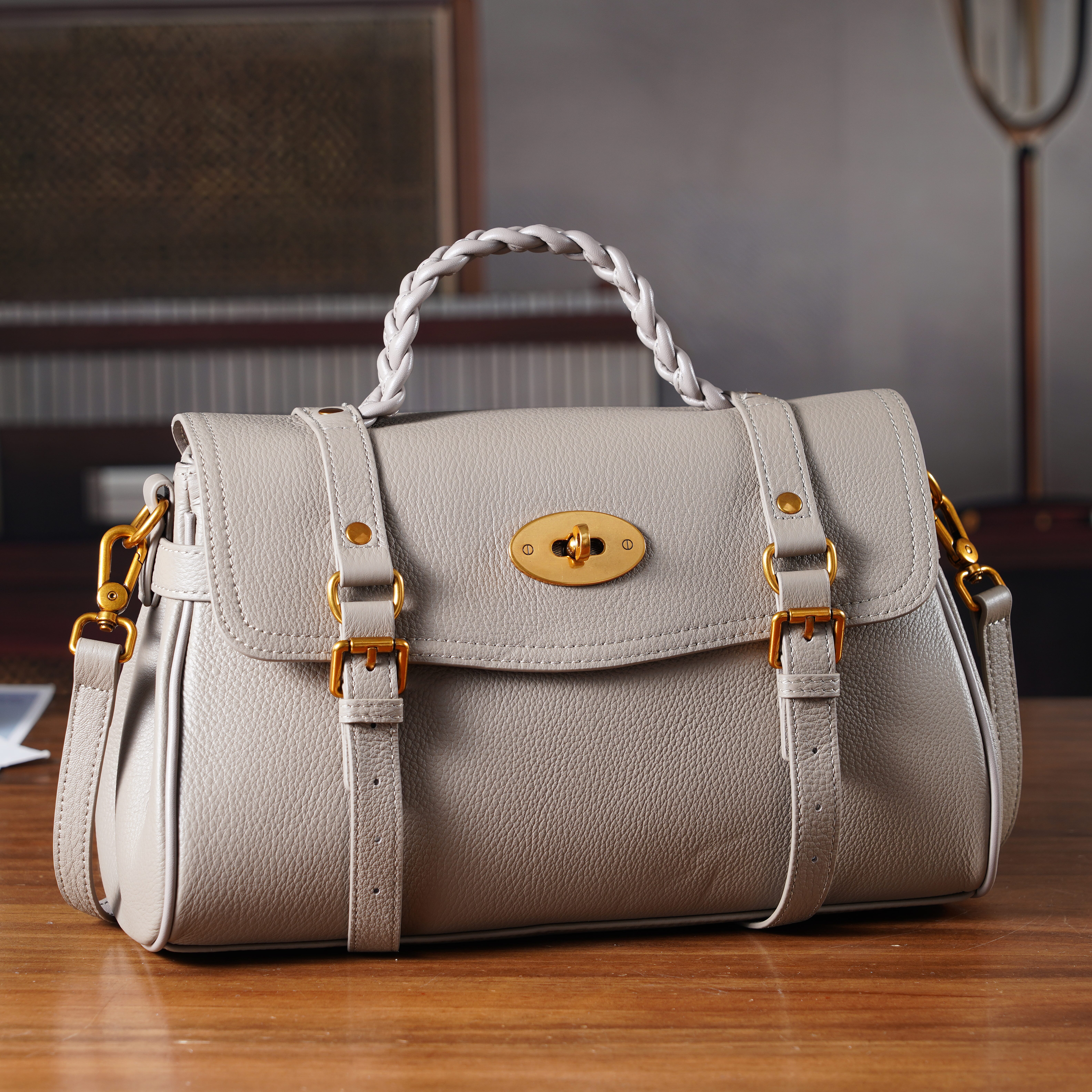 La Marey Signature Genuine Leather Satchel Bag - Beige