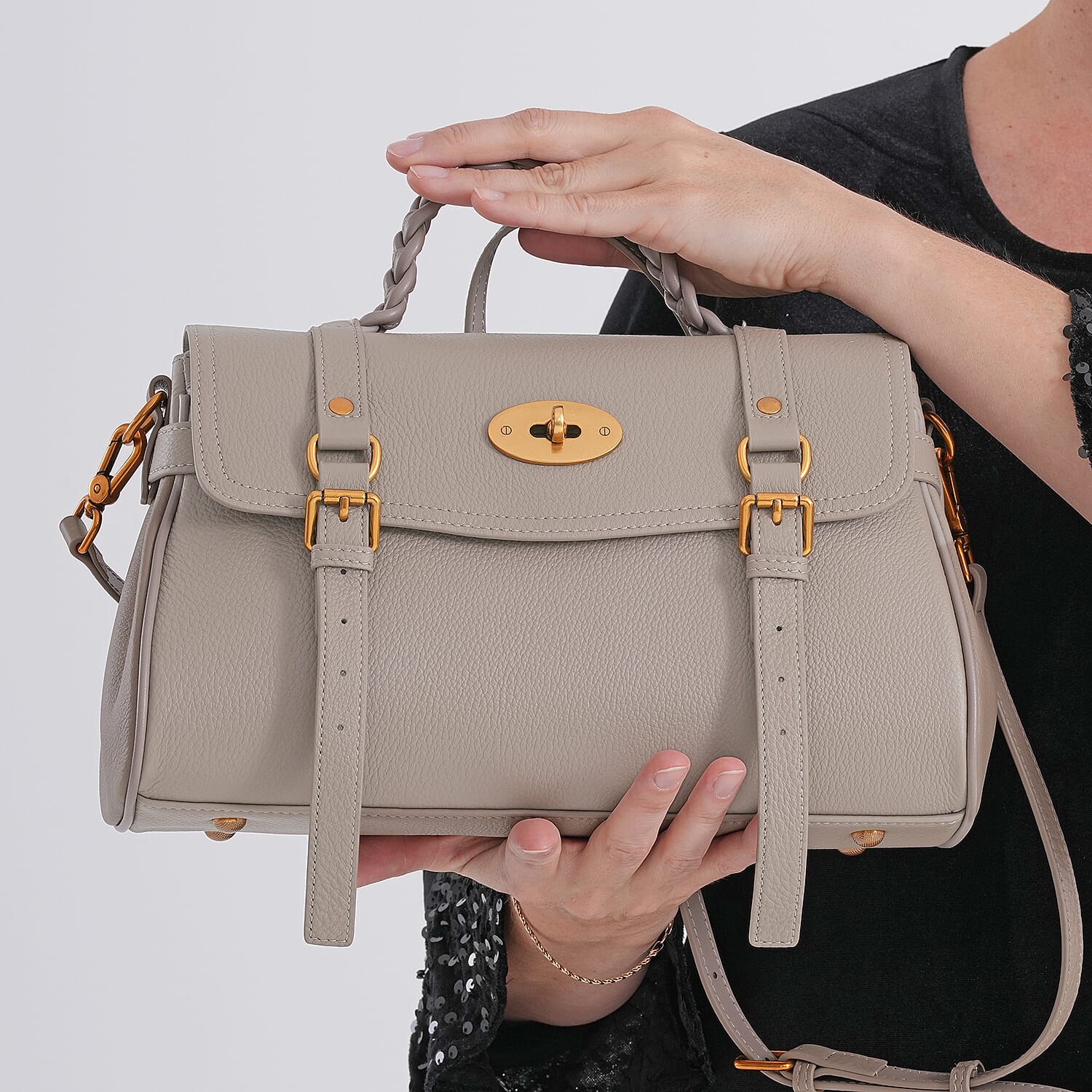 La Marey Signature Genuine Leather Satchel Bag - Beige