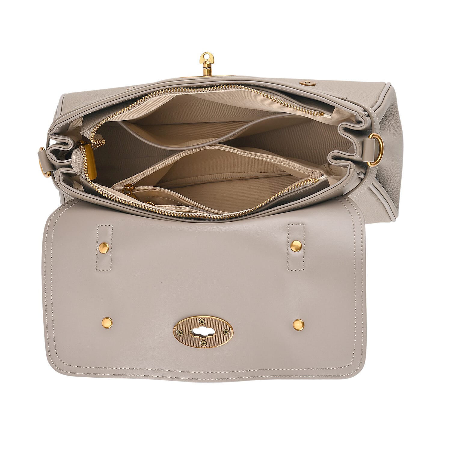 La Marey Signature Genuine Leather Satchel Bag - Beige