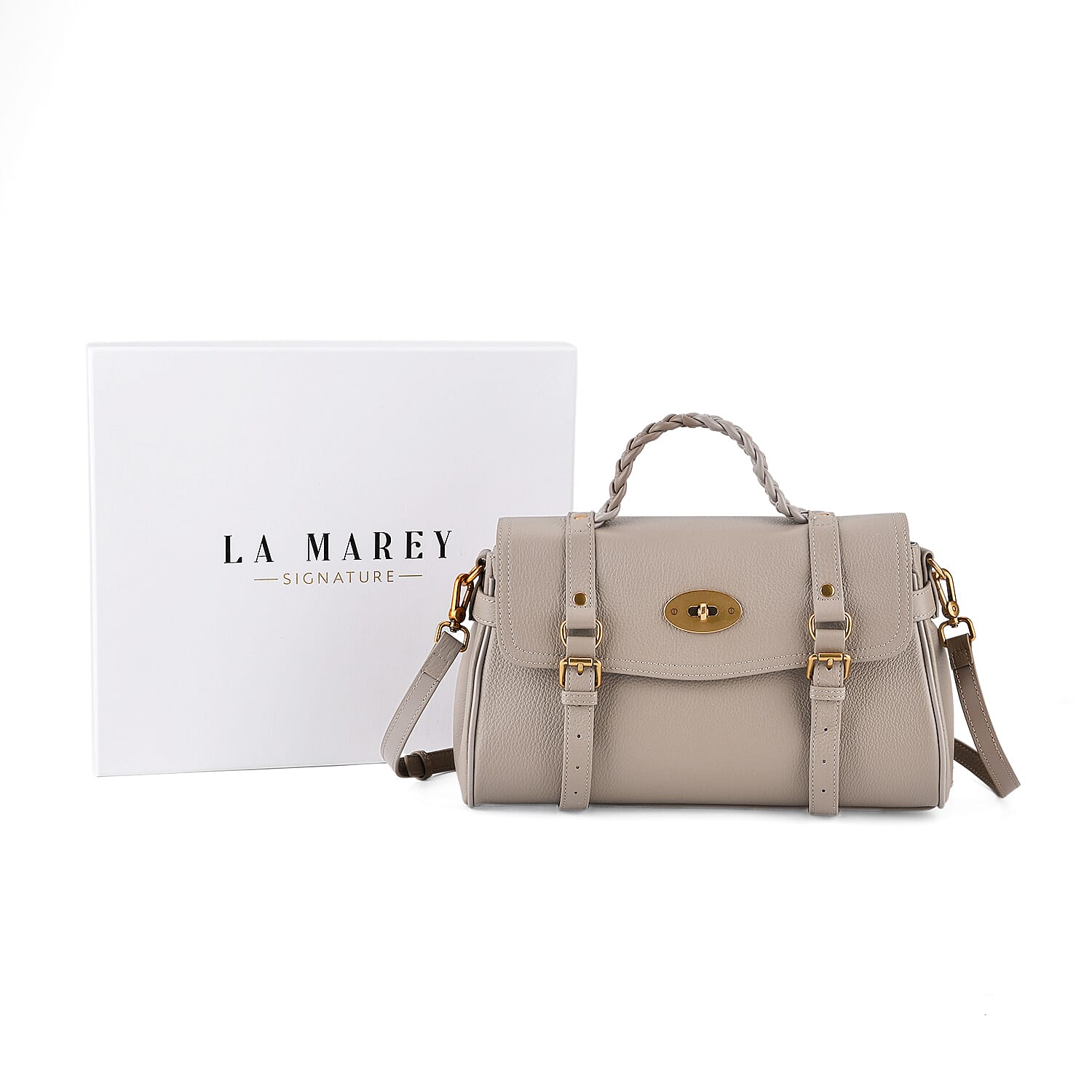 La Marey Signature Genuine Leather Satchel Bag - Beige