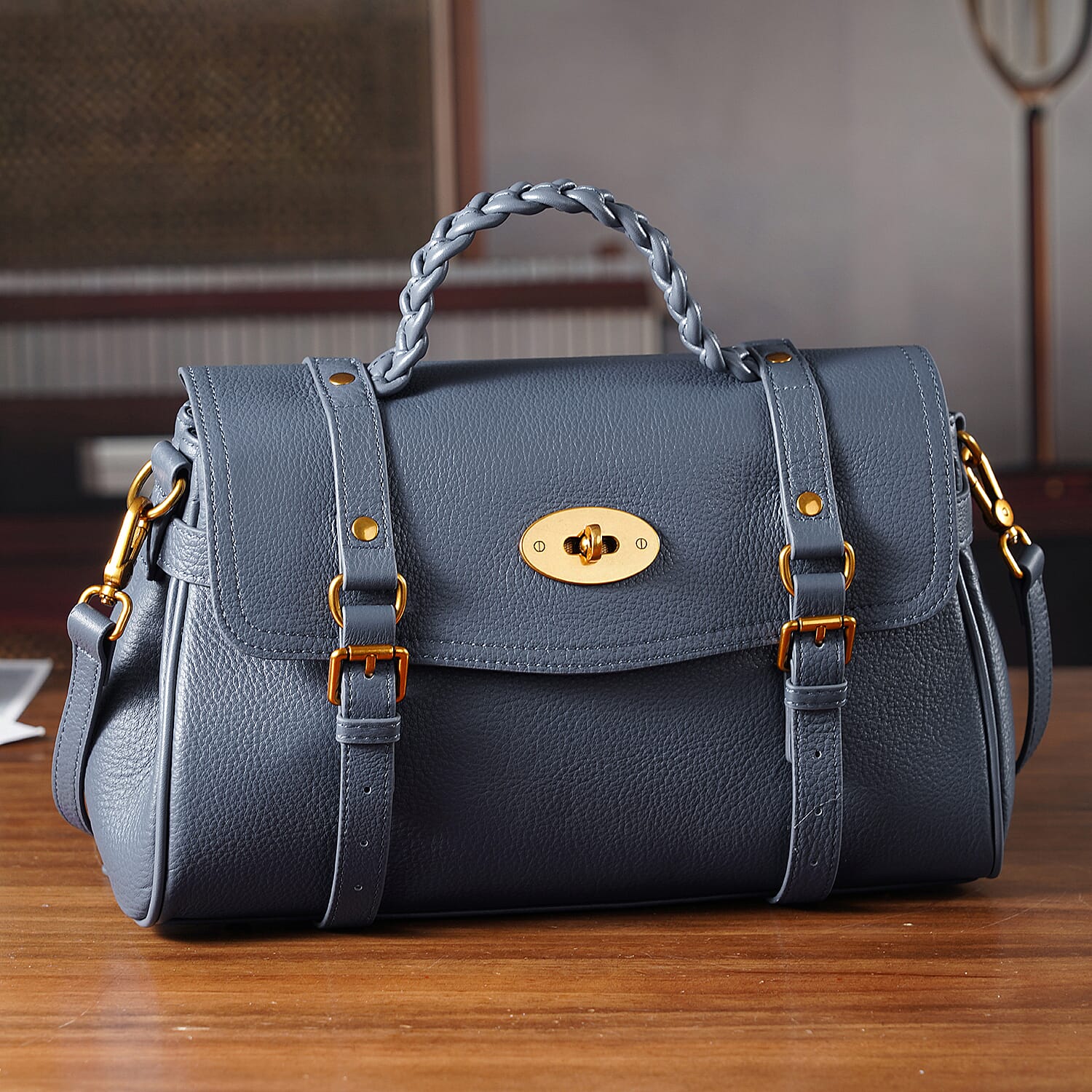 La Marey Signature Genuine Leather Satchel Bag - Blue
