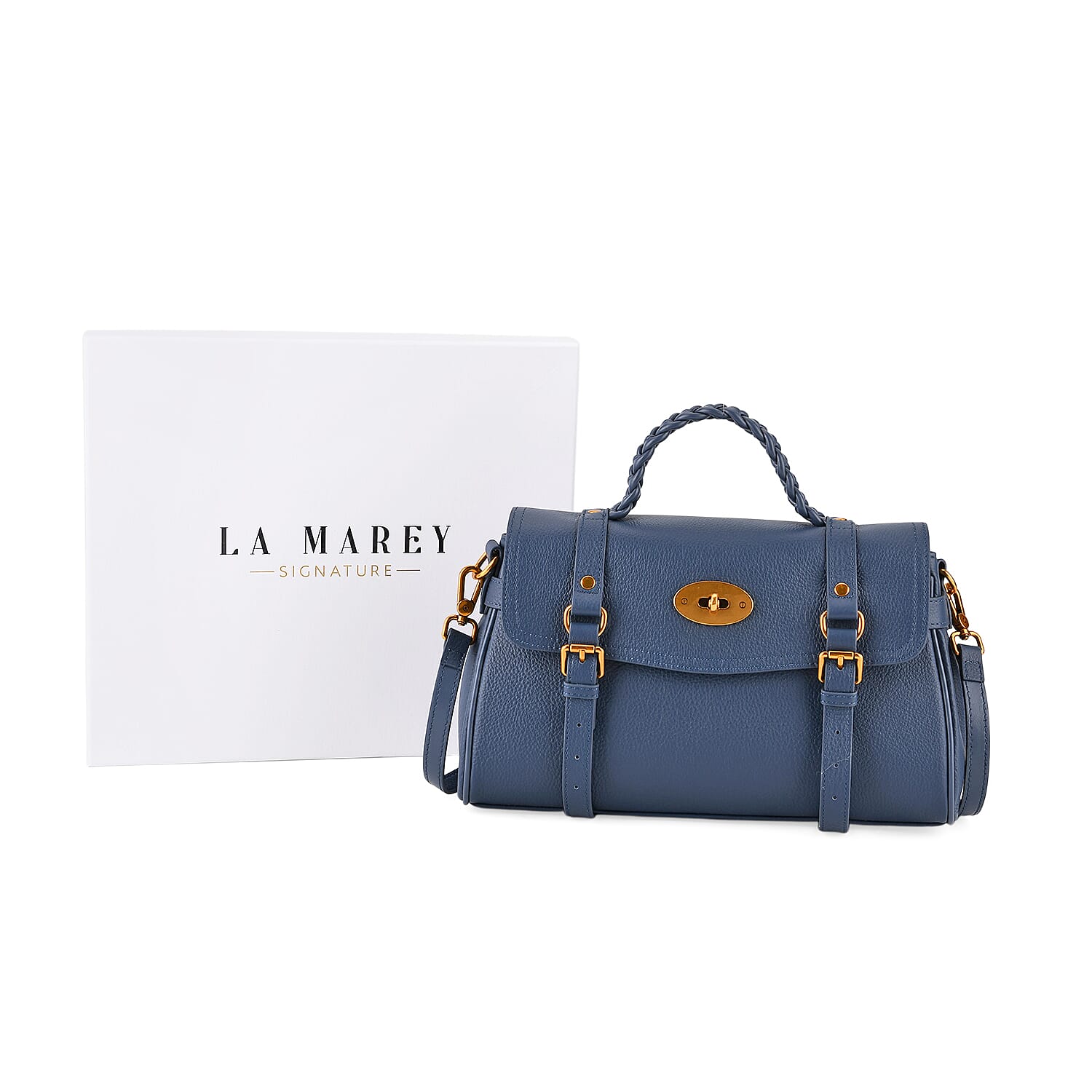 La Marey Signature Genuine Leather Satchel Bag - Blue