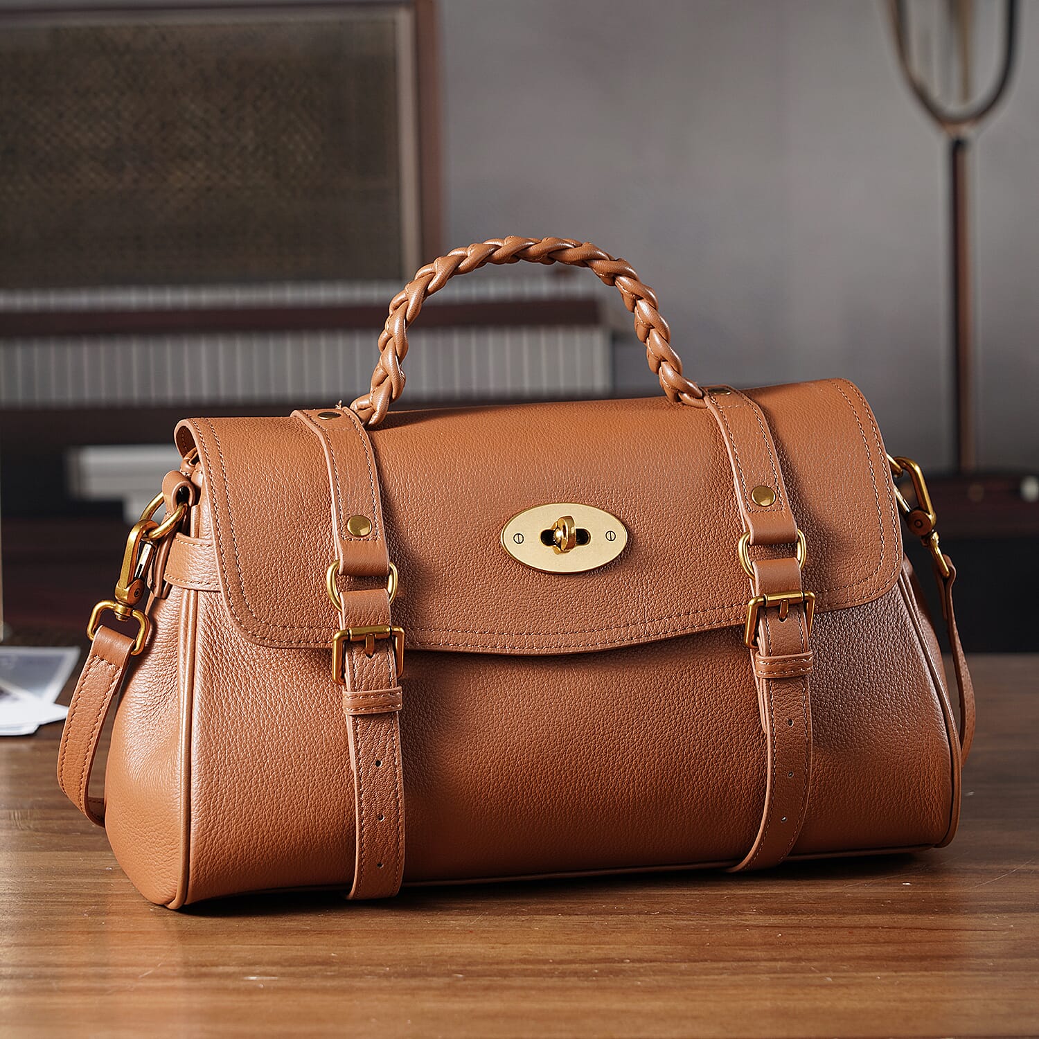 La Marey Signature Genuine Leather Satchel Bag - Tan