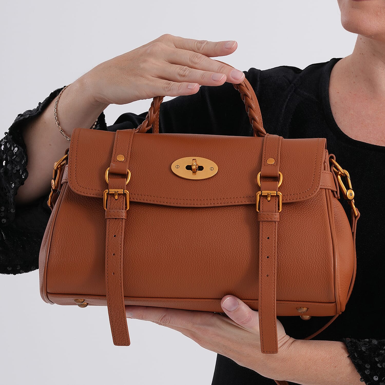 La Marey Signature Genuine Leather Satchel Bag - Tan