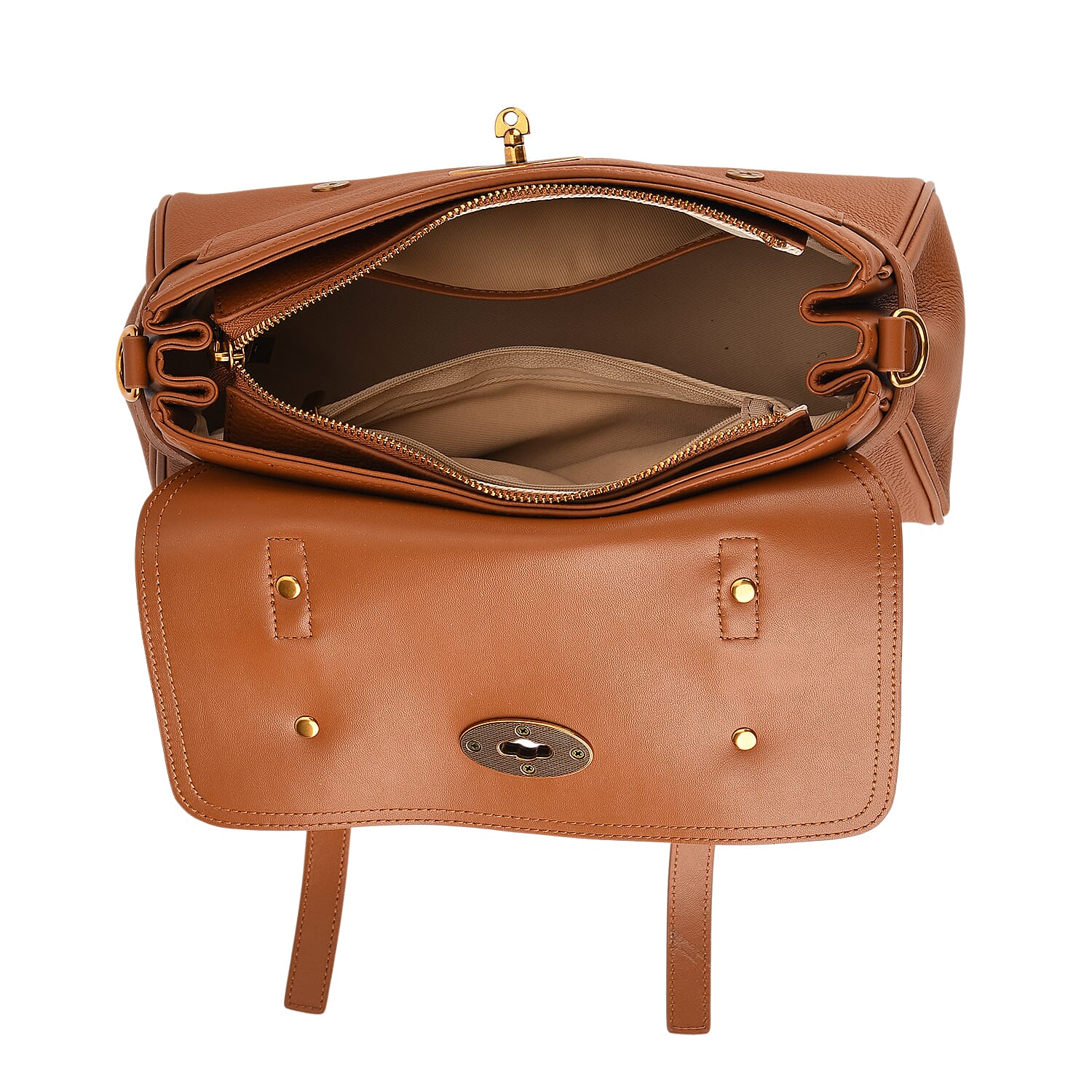 La Marey Signature Genuine Leather Satchel Bag - Tan