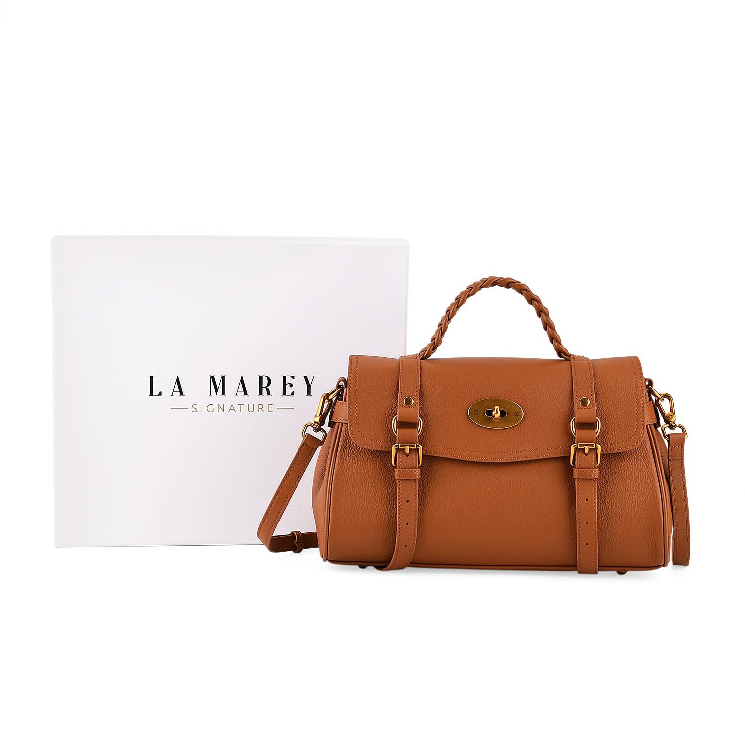 La Marey Signature Genuine Leather Satchel Bag - Tan