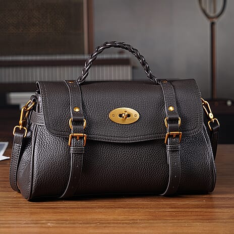 La Marey Signature Genuine Leather Satchel Bag - Coffee