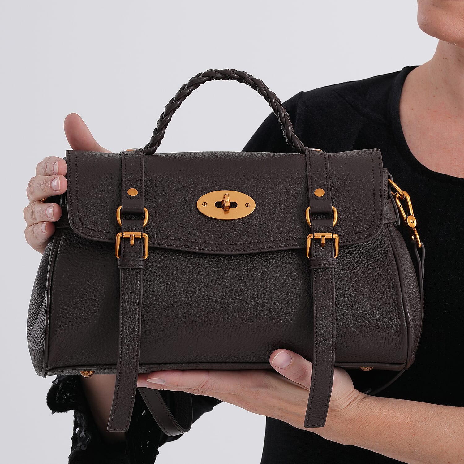 La Marey Signature Genuine Leather Satchel Bag - Coffee