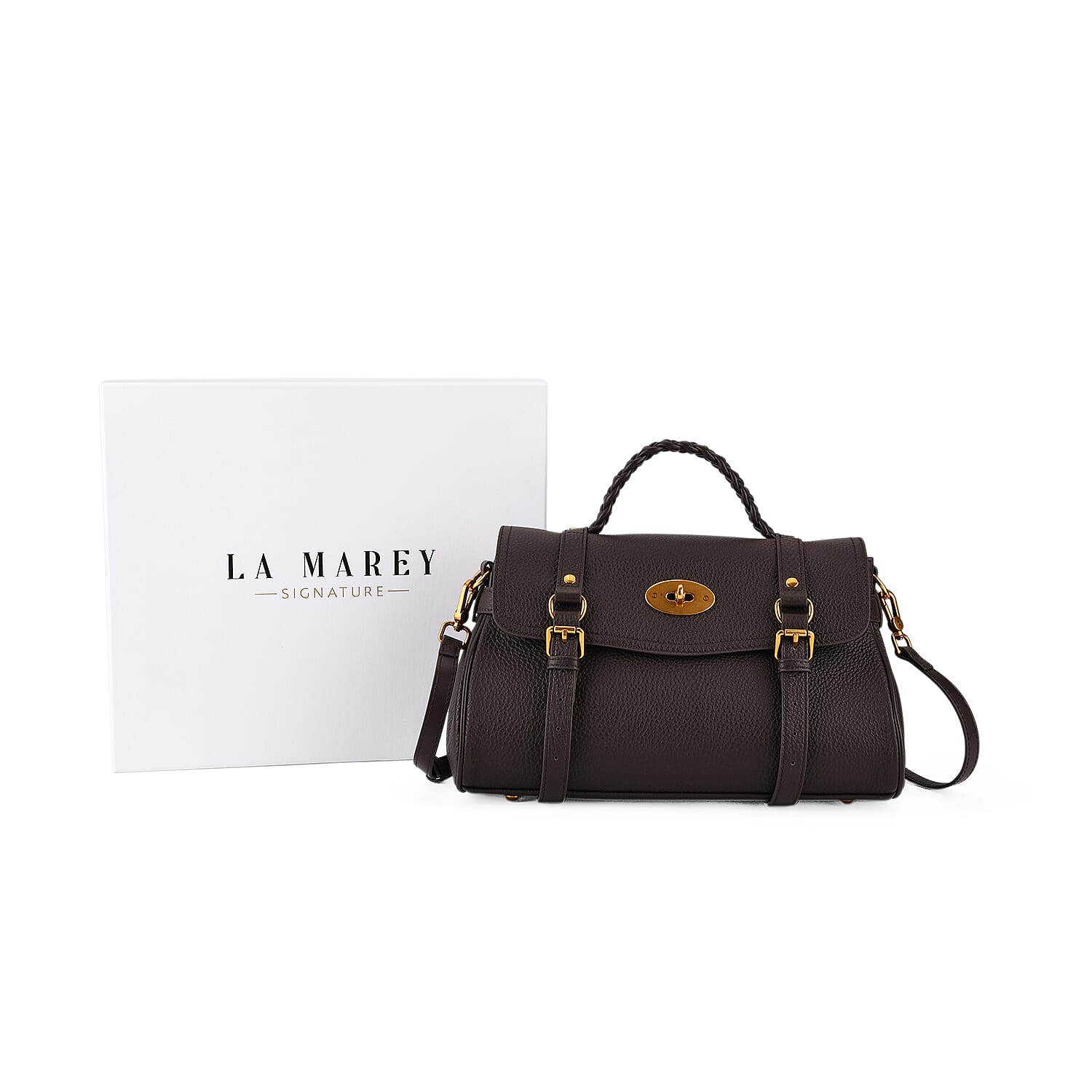 La Marey Signature Genuine Leather Satchel Bag - Coffee