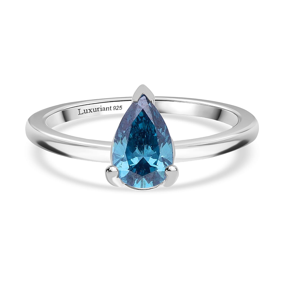 Luxuriant Lab Grown Blue Diamond (SI) Pear Cut Ring in Rhodium Overlay Sterling Silver 1.00 Ct.
