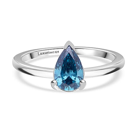 Luxuriant Lab Grown Blue Diamond (SI) Pear Cut Ring in Rhodium Overlay Sterling Silver 1.00 Ct.