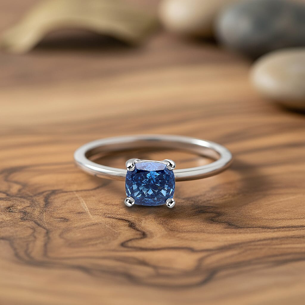 Luxuriant Lab Grown Blue Diamond (SI) Cushion Cut Ring in Rhodium Overlay Sterling Silver 1.00 Ct.