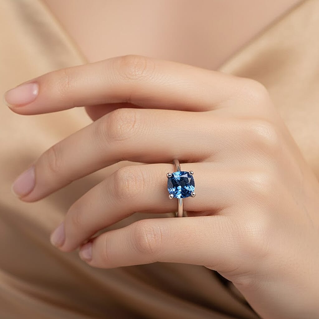 Luxuriant Lab Grown Blue Diamond (SI) Cushion Cut Ring in Rhodium Overlay Sterling Silver 1.00 Ct.