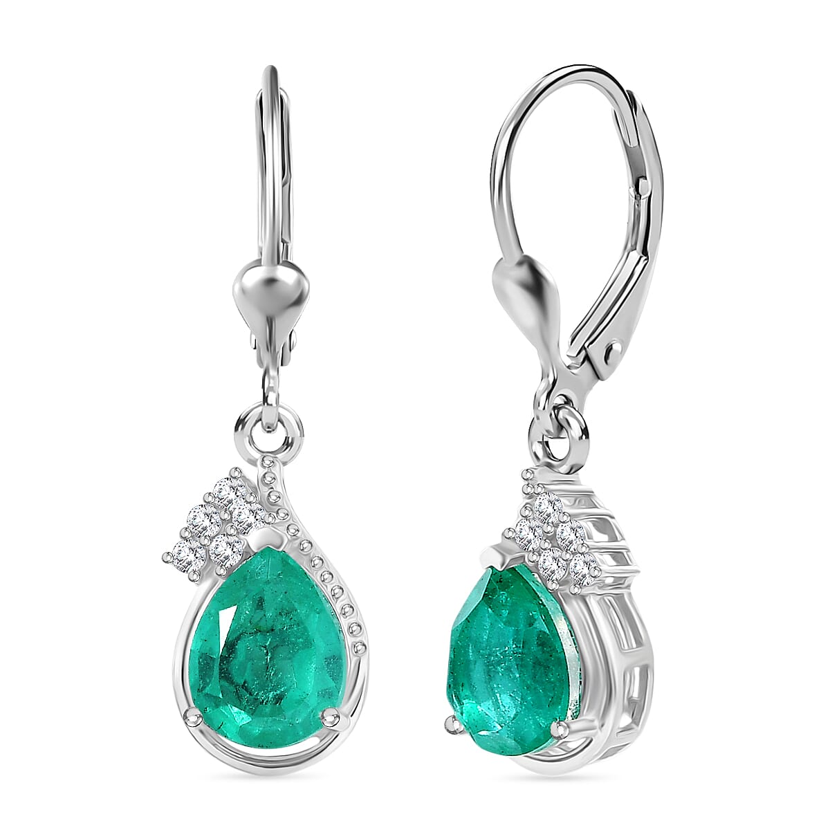 D'Joy, Emeraldine Triplet Quartz , White Zircon Solitaire Lever Back Earring in Platinum Overlay Sterling Silver 4.29 ct  4.290  Ct.