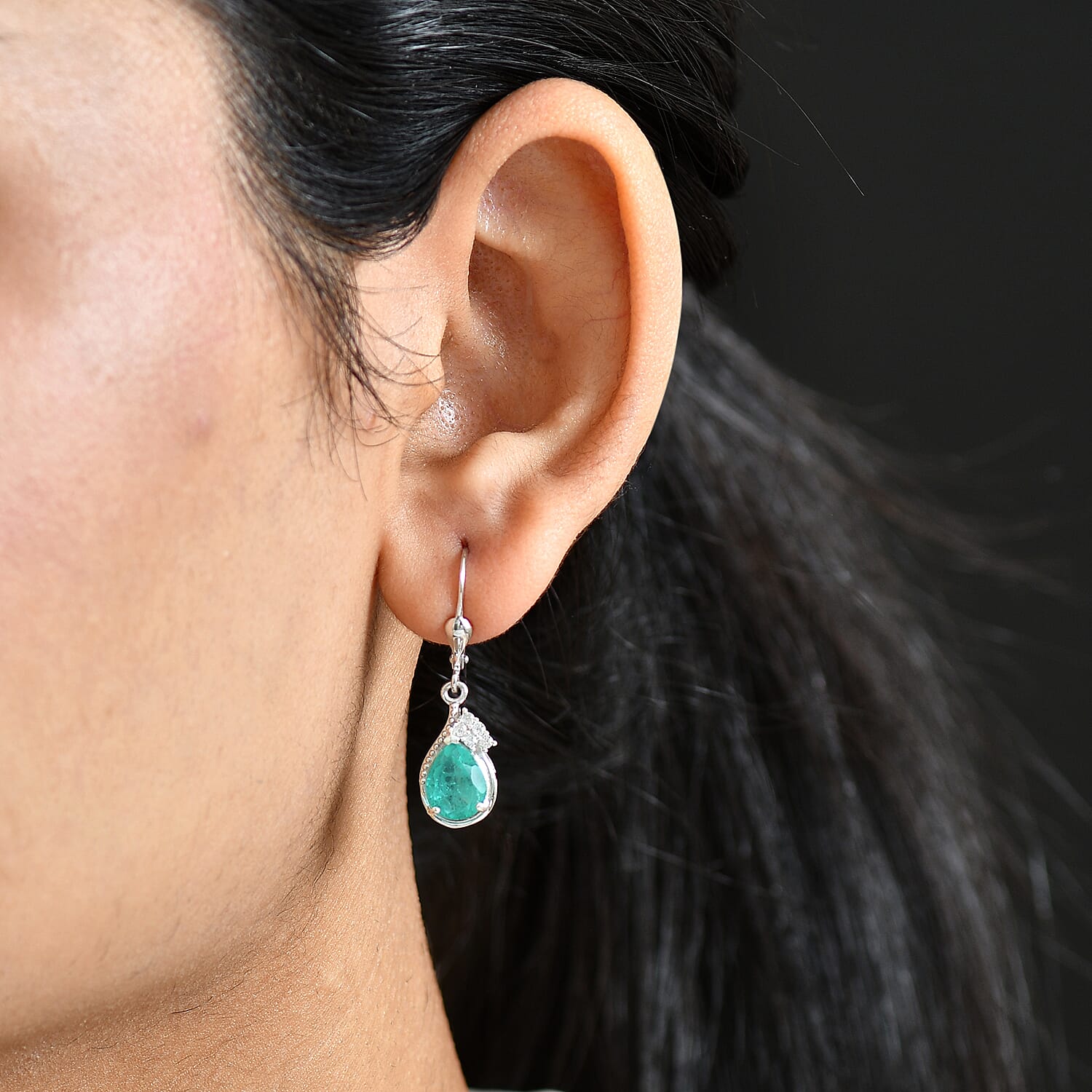 D'Joy, Emeraldine Triplet Quartz , White Zircon Solitaire Lever Back Earring in Platinum Overlay Sterling Silver 4.29 ct  4.290  Ct.