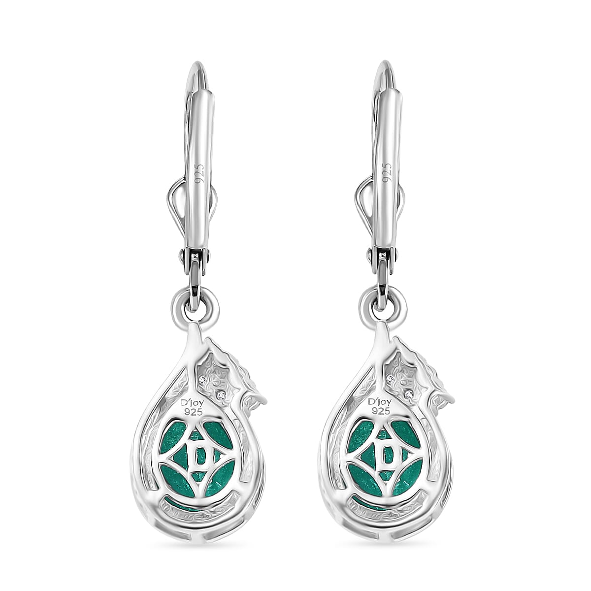 D'Joy, Emeraldine Triplet Quartz , White Zircon Solitaire Lever Back Earring in Platinum Overlay Sterling Silver 4.29 ct  4.290  Ct.